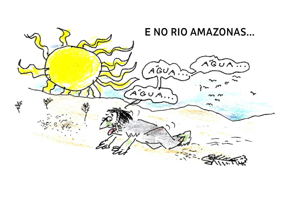 Sob o título "E NO RIO AMAZONAS...", um homem aparece engatinhando no que parece ser o leito de um seco, sem água. Ele está descabelado, com os olhos esbugalhados e com a língua de fora. Ao fundo, um sol enorme e bem amarelo esconde o pedaço de um céu azul. Ao lado do homem, uma carcaça de peixe morto. O sedento diz: "água, água, água".