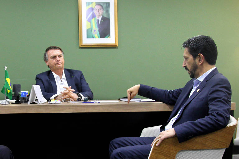 Ex-presidente Jair Bolsonaro (PL) e prefeito Ricardo Nunes (MDB) durante reunião na sede do PL, em Brasília