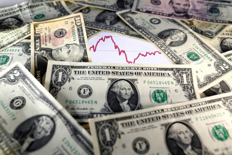 Notas de dólares ao lado de gráfico indicando oscilação do mercado