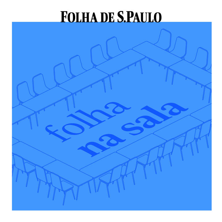 ilustração em tons de azul claro mostra as carteiras de uma sala de aula na perspectiva isométrico com contorno