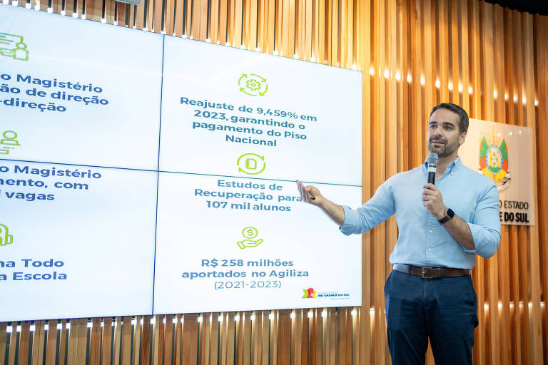 O governador gaúcho, Eduardo Leite (PSDB), durante o lançamento do novo projeto em Porto Alegre 