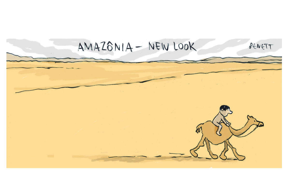 Charge de Benett com o título "Amazônia New Look" mostra uma imagem árida, de um deserto. Na parte de baixo, no canto direito, está um homem montado sobre um camelo