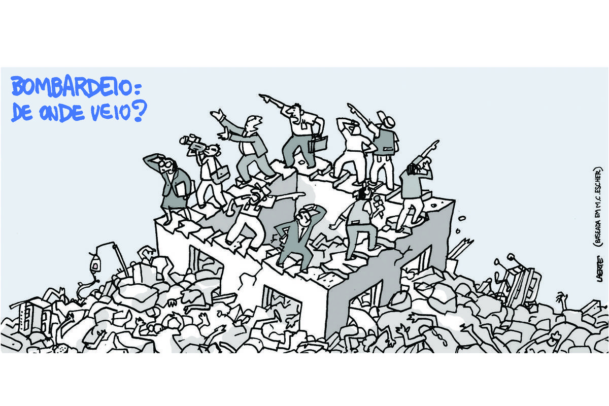 Na charge de Laerte, com o título “BOMBARDEIO: DE ONDE VEIO?”, há referência - expressa ao lado da assinatura - a uma gravura de Maurits Escher, na qual um truque gráfico de perspectiva cria a ilusão de uma escadaria quadrangular infinita, que sobe ou desce infinitamente e pela qual pessoas transitam, descendo ou subindo sem sair da mesma superfície. Na charge, a estrutura da escadaria é o que restou em pé de um hospital em zona de guerra. Há montes enormes de entulho em meio aos quais muitos corpos aparecem, bem como material hospitalar: leitos, ganchos para soro etc. Sobre a estrutura dos muros, várias pessoas  caminham e apontam em 4 direções diferentes enquanto caminham - vestem-se e carregam apetrechos como funcionários de organizações, ou jornalistas, ou militares. Discutem entre si sobre essas direções.