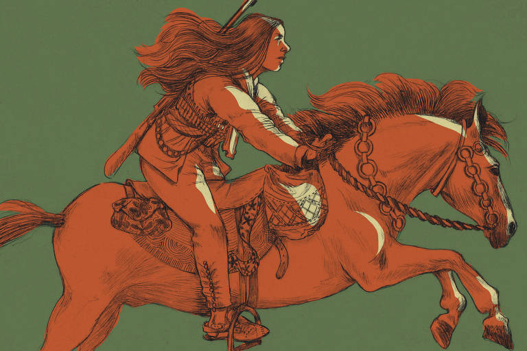 Ilustração de Mariana Waechter publicada na Folha de S.Paulo em 21 de outubro de 2023 mostra uma mulher montada em um cavalo. O fundo é verde e a ilustração é toda em tons de vermelho com traços pretos. O cavalo está de lado, com a cabeça apontada para o lado direito da cena e com as patas dianteiras levantadas. A crista é bem comprida e esvoaçante, ele tem adornos de argolas no pescoço e na cara. A sela é estampada. A mulher tem os cabelos compridos e soltos, veste calca e camisa, carrega uma espingarda nas costas e um usa cinturão de balas.