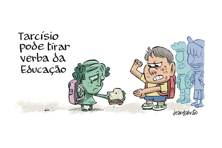 A charge de Jean Galvão publicada na Folha tem o título: Tarcísio pode tirar verba da Educação  A cena mostra uma criança com a face da cédula do Real, com uma mochila nas costas, entregando seu lanche para um Tarcísio criança à frente de um grupo de alunos, enquanto o braço direito do Tarcísio está levantado ameaçadoramente em direção à menina.