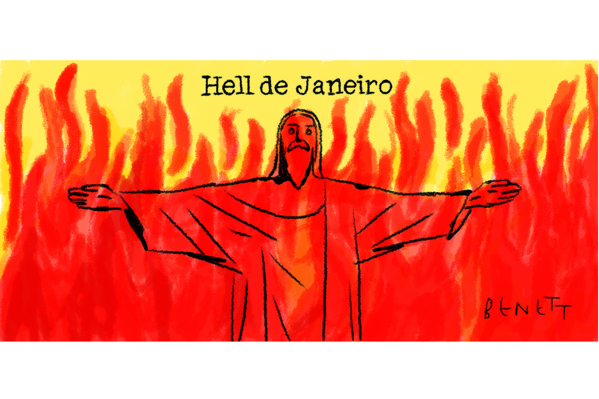 A charge de hoje da Folha publicada em todas as suas plataformas é de Benett (@cartunistabenett) e mostra o desenho da estátua do Cristo Redentor - vista parcialmente do peito para cima- tomada por chamas e labaredas de fogo alto que a deixam completamente vermelha. O título da charge é "Hell de Janeiro". 