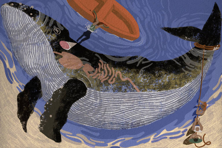 arte ilustra uma baleia grande na beira de uma praia. pessoas em um barquinho e na areia trabalham para extrair o cérebro, que é bem pequeno