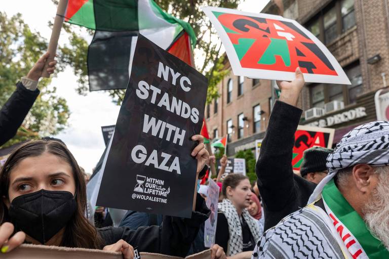 Ato em favor da Palestina em Bay Ridge, no Brooklyn, em Nova York, área com grande população de origem árabe