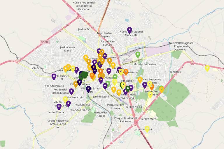 Mapa com pontos coloridos do aplicativo Siga