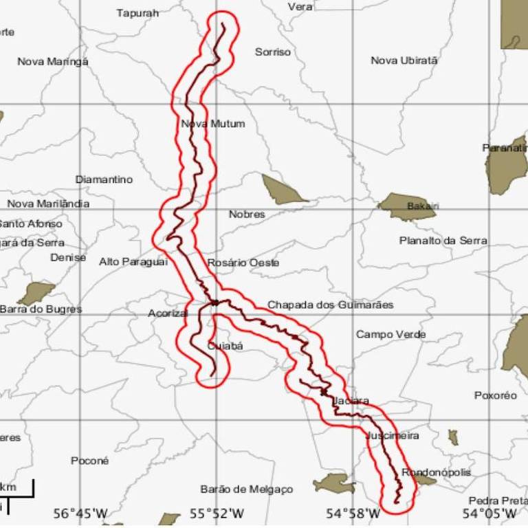 Mapa mostra traçado da ferrovia em Mato Grosso. Faixas vermelhas delimitam distância de 10 km, e áreas em marrom são Terras Indígenas