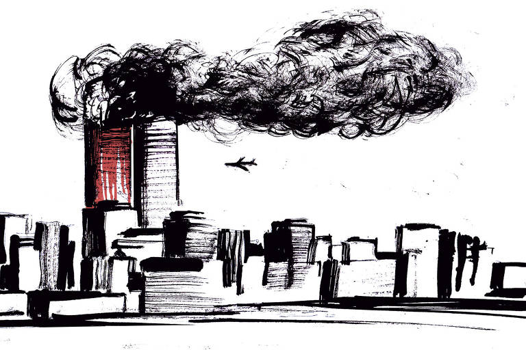 Manhattan ao longe com uma das torres gêmeas já saindo fumaça e sangrando enquanto um avião se dirige para atacar a outra torre.