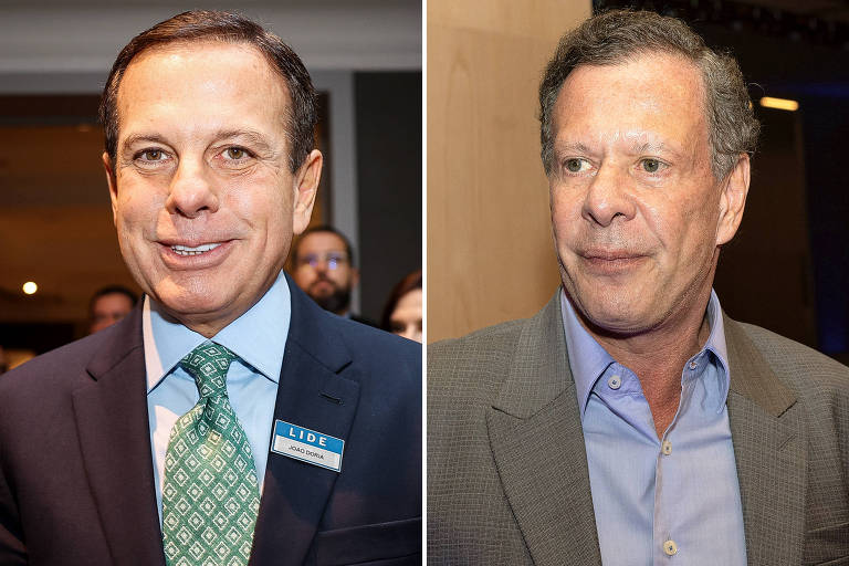 Dois retratos de homens de cabelo castanho curto repartido ao lado, ambos de paletó e camisa azul clara