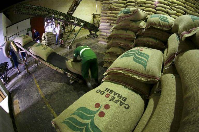 Sacas de café produzido no Brasil sendo preparadas para exportação em armazém em Santos (SP)