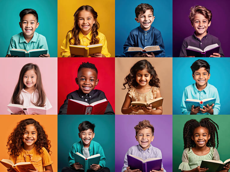 Quadro com foto de diversas crianças lendo um livro