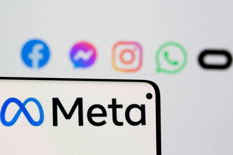 Logotipo de Meta em frente aos logotipos do Facebook, Messenger, Instagram, WhatsApp e Oculus