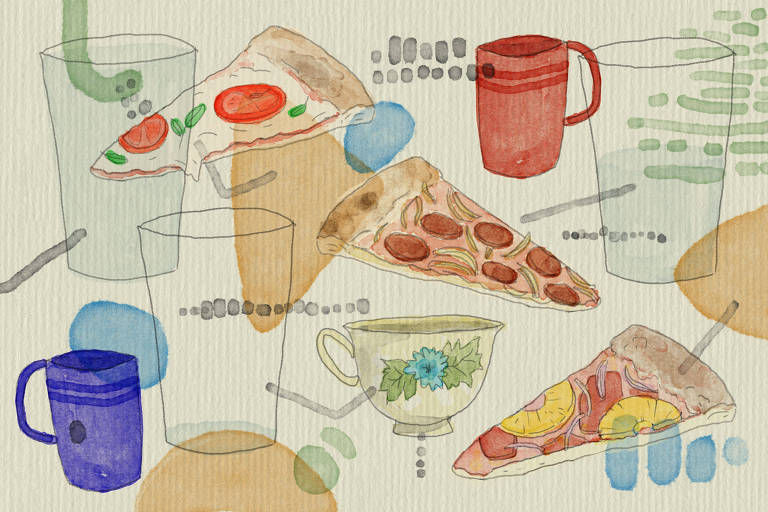 arte ilustra o desenho de pedaços de pizza e copos, como num rascunho/ estudo