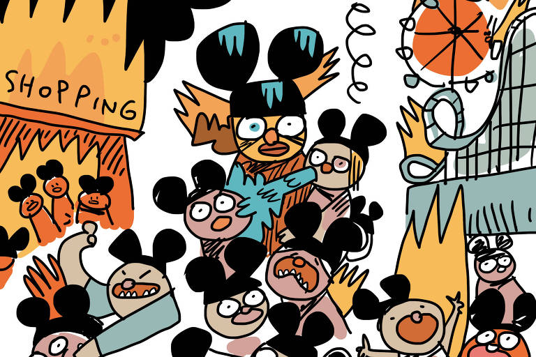 Na ilustração de Galvão Bertazzi temos o desenho de uma mãe exausta usando um chapeuzinho do Mickey, segurando um bebê vomitando. Ele também usa chapéu do Mickey. Eles estão rodeados por crianças em fúria, todas usando chapéus do mickey. Elas batem umas nas outras, gritam e pegam fogo. Ao fundo um shopping center e um parque de diversões em chamas