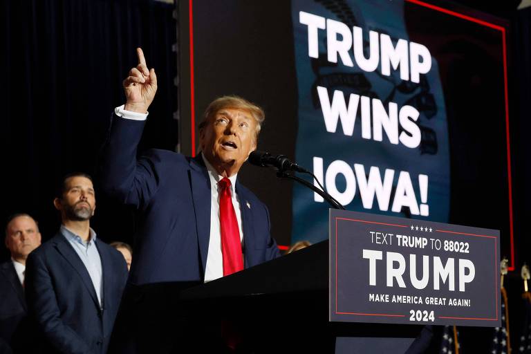 15.jan.24: Donald Trump vence o caucus de Iowa com 51% dos votos, primeiro teste das primárias republicanas