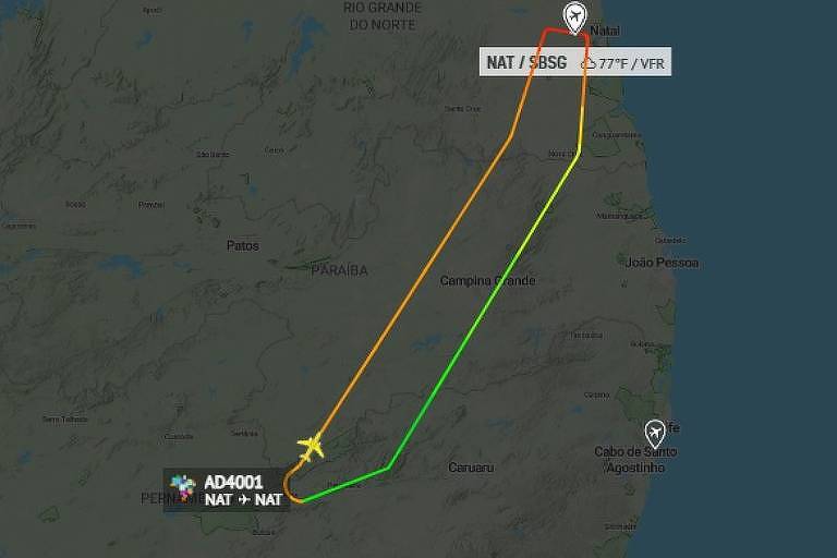 Imagem do site RadarBox mostra voo AD-4001, da Azul Linhas Aéreas, retornando para Natal após declarar emergência