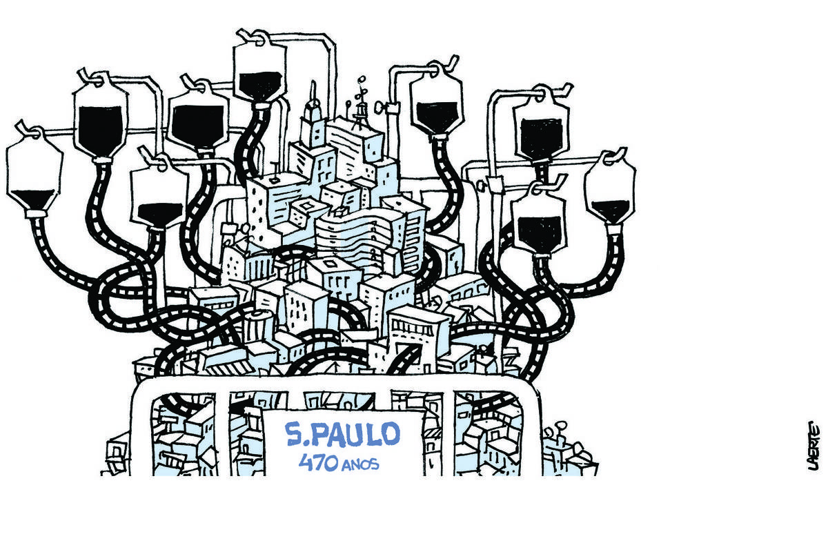 Na charge de Laerte, a cidade de S. Paulo está acamada, como se fosse uma paciente em leito de hospital. Seus prédios e construções se espalham sobre o leito. Há várias bolsas de soro, oito no total, distribuidas ao redor da cabeceira do leito. De cada bolsa sai um tubo que leva ao corpo da cidade - os tubos são representações de pistas para veículos, e elas se emaranham pela cidade como se fossem as próprias artérias desse corpo urbano. Ao pé do leito, uma plaquinha traz os dizeres: “S. PAULO / 470 ANOS”.