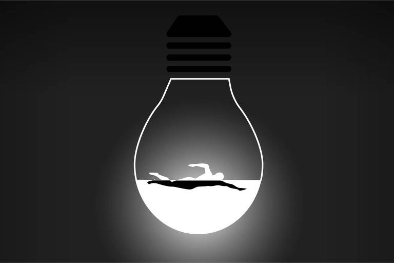 Um nadador dentro de uma lâmpada cuja luz está pela metade. O fundo é escuro.