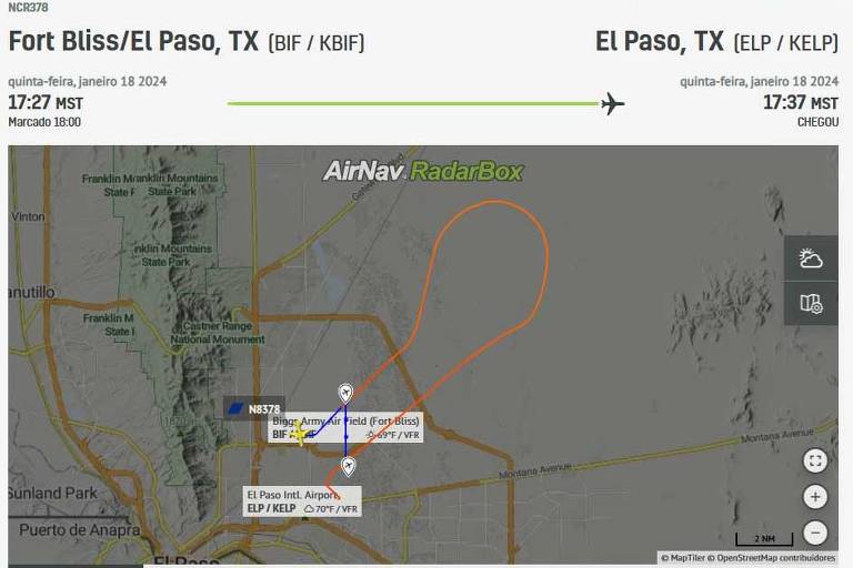 Reprodução de tela do Radabox mostra trajetória do voo da National Airlines