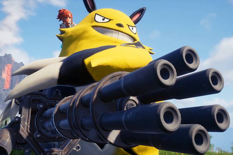 Imagem de videogame mostra um monstro amarelo que se parece um urso com uma metralhadora imensa que ocupa metade da imagem