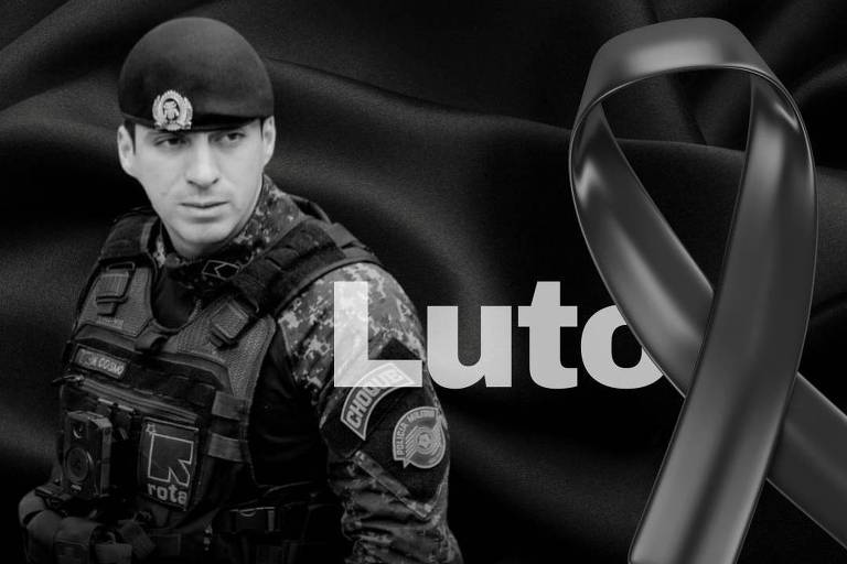 foto em preto e branco com texto "luto" e foto do policial fardado