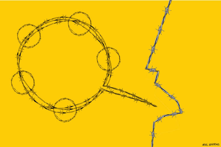 Na ilustração de Ariel Severino, sobre um fundo de cor amarelo mostarda, um perfil do rosto de uma pessoa que esta com a boca aberta, falando. Como numa charge, o "balão" da fala tem forma circular e imita um pandeiro de cinco pratinelas visto de cima. Tanto o perfil quanto o balão-pandeiro estão desenhados de forma esquemática, geométrica, como uma linha feita de arame farpado.