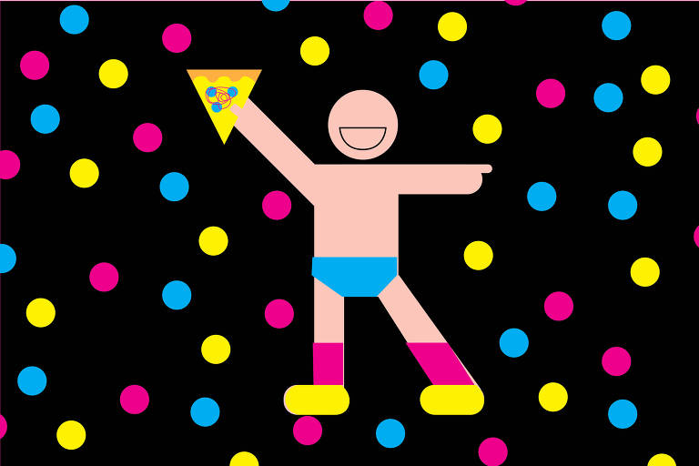 Uma ilustração colorida de um homem no carnaval vestindo sunga, tênis e meias, segurando um pedaço de pizza.