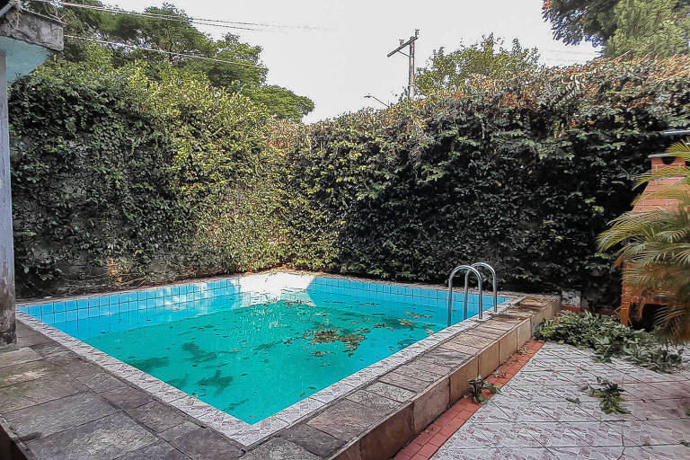 Foto mostra piscina retangular com água suja e folhas de árvores dentro dela