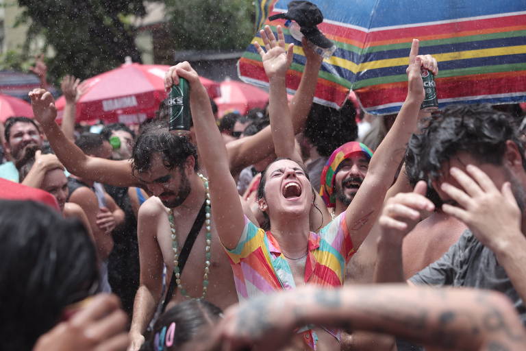 Foliões se esbaldam sob o sol no bloco A Espetacular Charanga do França, no bairro da Santa Cecilia, em São Paulo