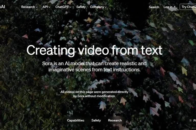A OpenAI lançou inteligência artificial capaz de gerar vídeos de até um minuto. Imagem gerada pelo modelo mostra aviões de papel planando sobre uma floresta.