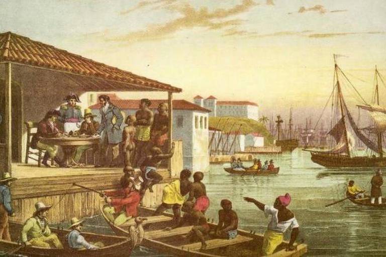 Pintura de Johann Moritz Rugendas mostra Cais de Valongo, principal entrada de escravizados, no Rio de Janeiro