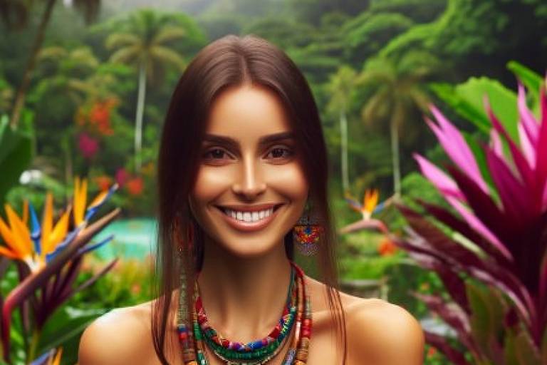 Representação de mulher brasileira criada pelo Dall-E 3. Mulher tem roupas coloridas, e está em meio à floresta tropical.