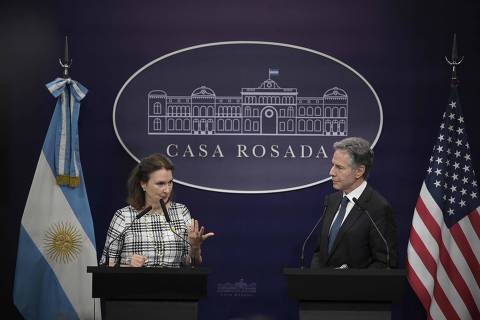 Argentine Minister of Foreign Affairs Diana Mondino (L) speaks next to US Secretary of State Antony Blinken during a joint press conference after meeting with President Javier Milei at Casa Rosada Presidential Palace in Buenos Aires on February 23, 2024.  (Photo by JUAN MABROMATA / AFP)