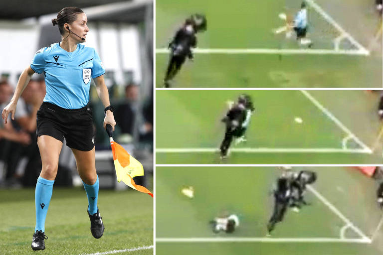 Sequência de imagens mostra o choque da bandeirinha Guadalupe Porras com um cameraman em jogo do Campeonato Espanhol; à esquerda, foto de corpo inteiro de Guadalupe, com bandeira na mão esquerda