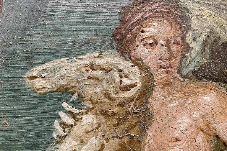 Detalhe da pintura representando a cena mitológica de Frixo e Hele no carneiro dourado, uma nova descoberta parte das escavações em andamento na casa de Leda, em Pompéia, perto de Nápoles