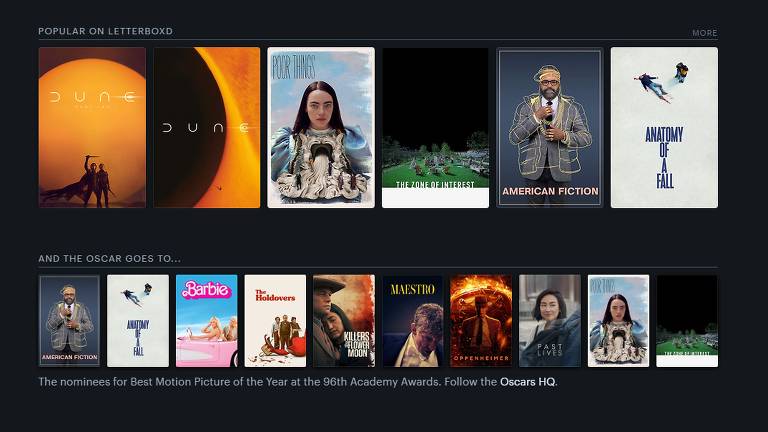 captura de tela reproduz o pôster de vários filmes, como Duna, Pobres Criaturas, Anatomia de uma Queda, entre outros