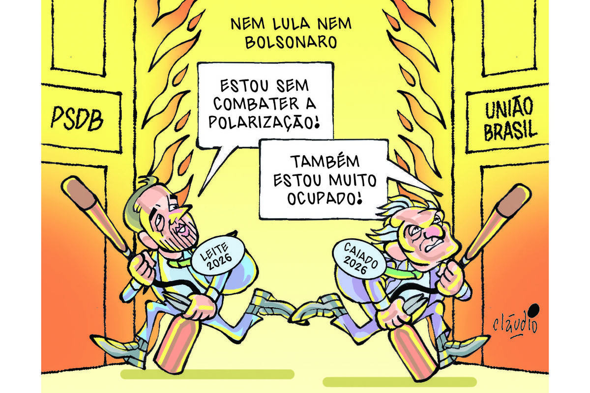 O título de charge é “Nem Lula nem Bolsonaro”. O desenho mostra uma cena de um incêndio em dois edifícios. No lado esquerdo, vê-se as chamas em um prédio com a placa “PSDB”. Correndo para apagar o fogo, surge o governador do Rio Grande do Sul, Eduardo Leite. Do lado direito, vê-se as chamas em um prédio com a placa “União Brasil”. Correndo para apagar o fogo, surge o governador de de Goiás, Ronaldo Caiado. Ambos os governadores são possíveis pré-candidatos a presidente. Leite olha para Caiado e diz:  - Estou sem combater a polarização!  Caiado diz;  - Também estou muito ocupado!  Cada um segura um extintor de incêndio.