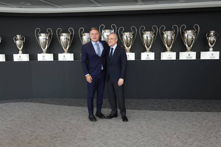 O ministro dos Transportes, Renan Filho (à esq.), com o presidente do Real Madrid, Florentino Pérez