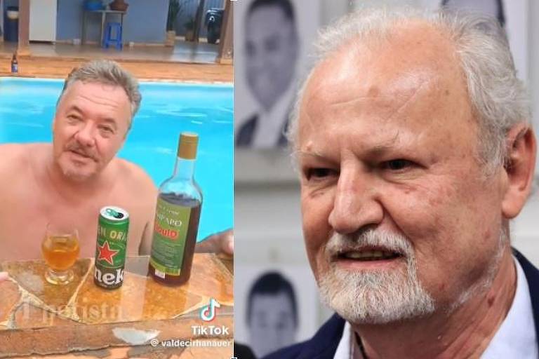 À esq., captura de tela com logo do TikTok mostra homem na piscina, com lata de cerveja, copo e garrafa de bebida à frente; este é Valdecir Hanauer; à dir., foto de Stedile, do rosto dele