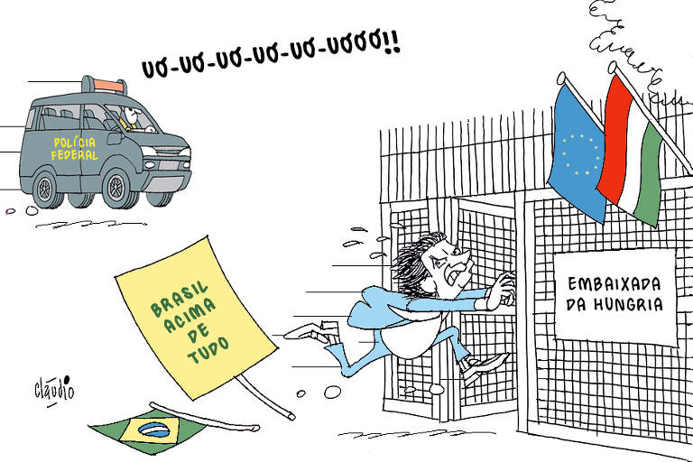 A charge mostra Jair Bolsonaro correndo para dentro do portão da embaixada da Hungria. Ao fundo, distante, vê-se uma viatura da Polícia Federal, com o som das sirenes ligadas: UÓ-UÓ-UÓ-UÓ-UÓ-UÓÓÓ!! Ao correr para embaixada húngara, Bolsonaro deixar cair no chão uma bandeira do Brasil e um cartaz com a frase Brasil acima de tudo.