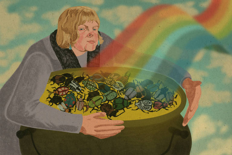 arte ilustra a ecóloga britânica anne magurran abraçando um caldeirão onde estão diversos besouros, sobre os quais repousa um arco-íris