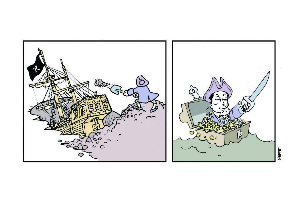 Charge de Laerte, em 2 cenas: 1) - Um pirata, de chapéu tricorne e casaca, enterra um navio inteiro num grande buraco no chão. A bandeira é negra, como a dos piratas, e tem como símbolo um “X”, como o da rede social. O pirata está em cima de um monte de terra, atirando uma pá de terra no buraco. 2) - O pirata - que é Elon Musk vestido como pirata, está no mar, a bordo de uma arca de tesouro, em meio a moedas de outro e brilhantes. Ele aponta para adiante com sua espada no ar.