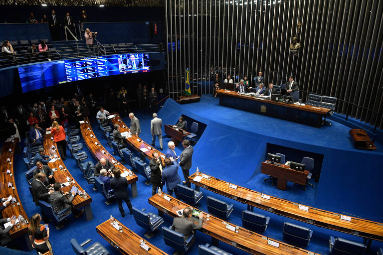 Fotografia do plenário do Senado Federal durante sessão. A sala tem carpete azul e mesas de cor marrom. Alguns parlamentares estão sentados, outros em pé, com trajes formais