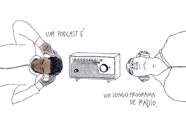 Numa ponta do espaço destinado ao desenho um jovem homem negro coloca seu headphone. Ele veste jaqueta esportiva com gola e está de olhos fechados. Seus cabelos são pretos. Tem as mãos próximas das orelhas abrindo o equipamento. Próximo da mão direita dele está escrito o início de uma frase "um podcast é". Que faz o olhar do leitor caminhar para um rádio antigo que ocupa o centro do desenho. Seguido de outro homem, também jovem, dessa vez branco que está com a cabeça inclinada para cima, olhos fechados e fone de ouvidos. Também veste uma jaqueta esportiva com gola. Ao seu lado direito está o término da frase "um longo programa de rádio." 