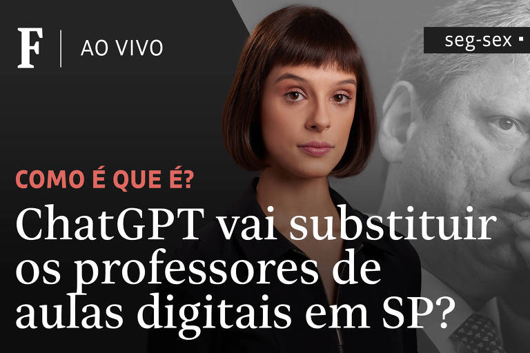 Isabella Faria olha diretamente para a câmera, à esquerda da imagem está escrito o tema do programa: "ChatGPT vai substituir os professores de aulas digitais em SP?"