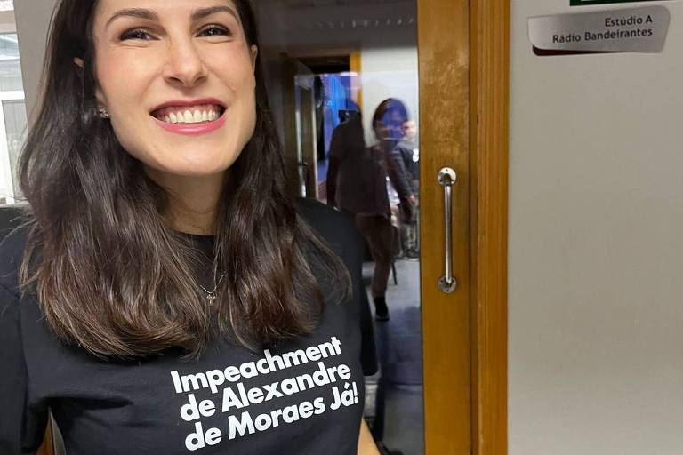 Pré-candidata do Novo usa camiseta com pedido de impeachment de Moraes