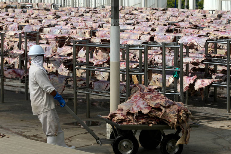 Trabalhador leva carrinho com peças de carne; ao fundo, diversas peças estão dispostas em barras metálicas